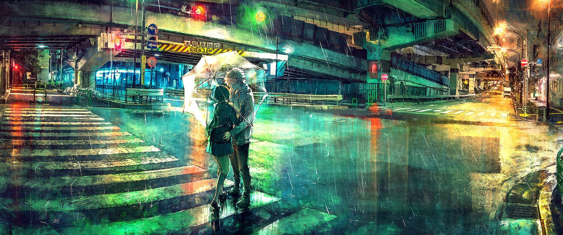 3440x1440 City Under The Rain Artwork Background