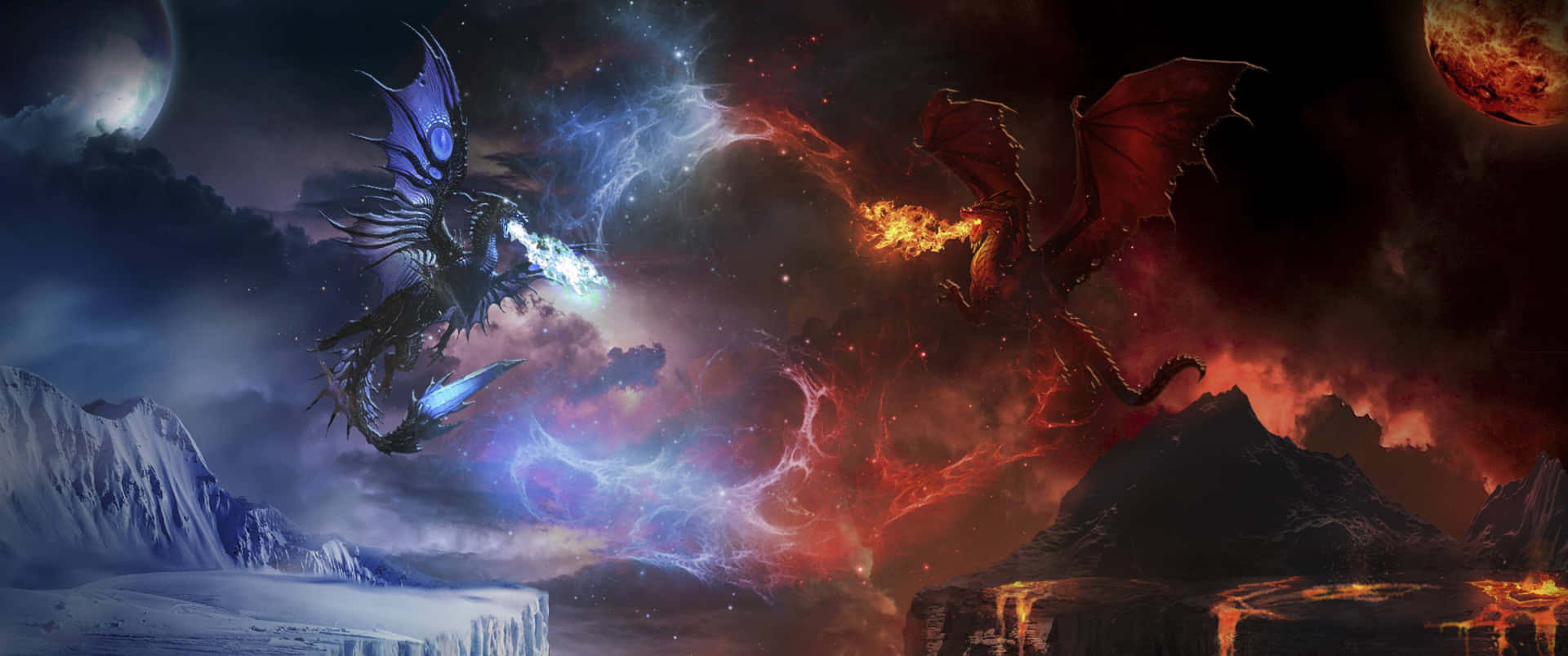 3440x1440 Dragon Blue Vs Red Background