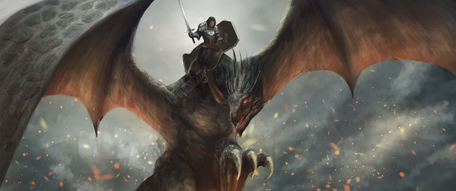 3440x1440 Dragon With Warrior Background