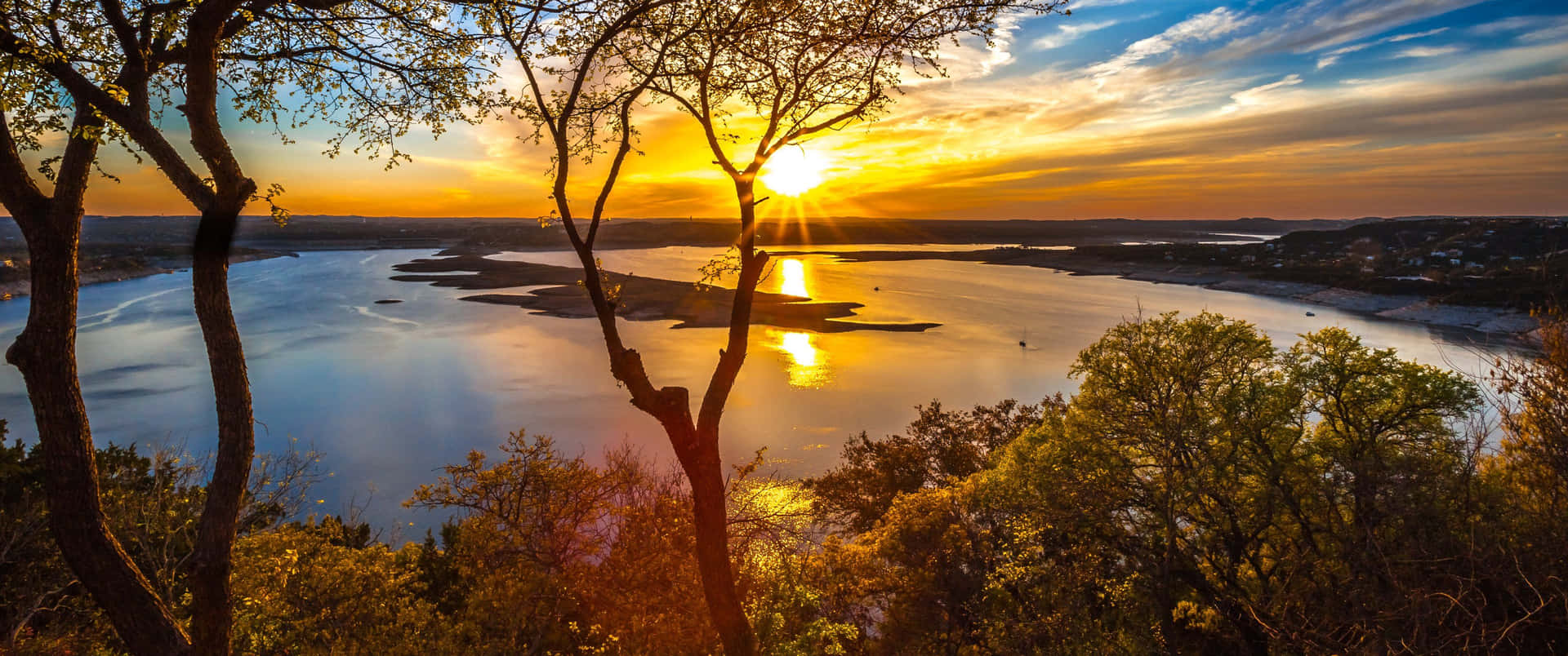 3440x1440 Fall Season In Lake View With Sunset Background