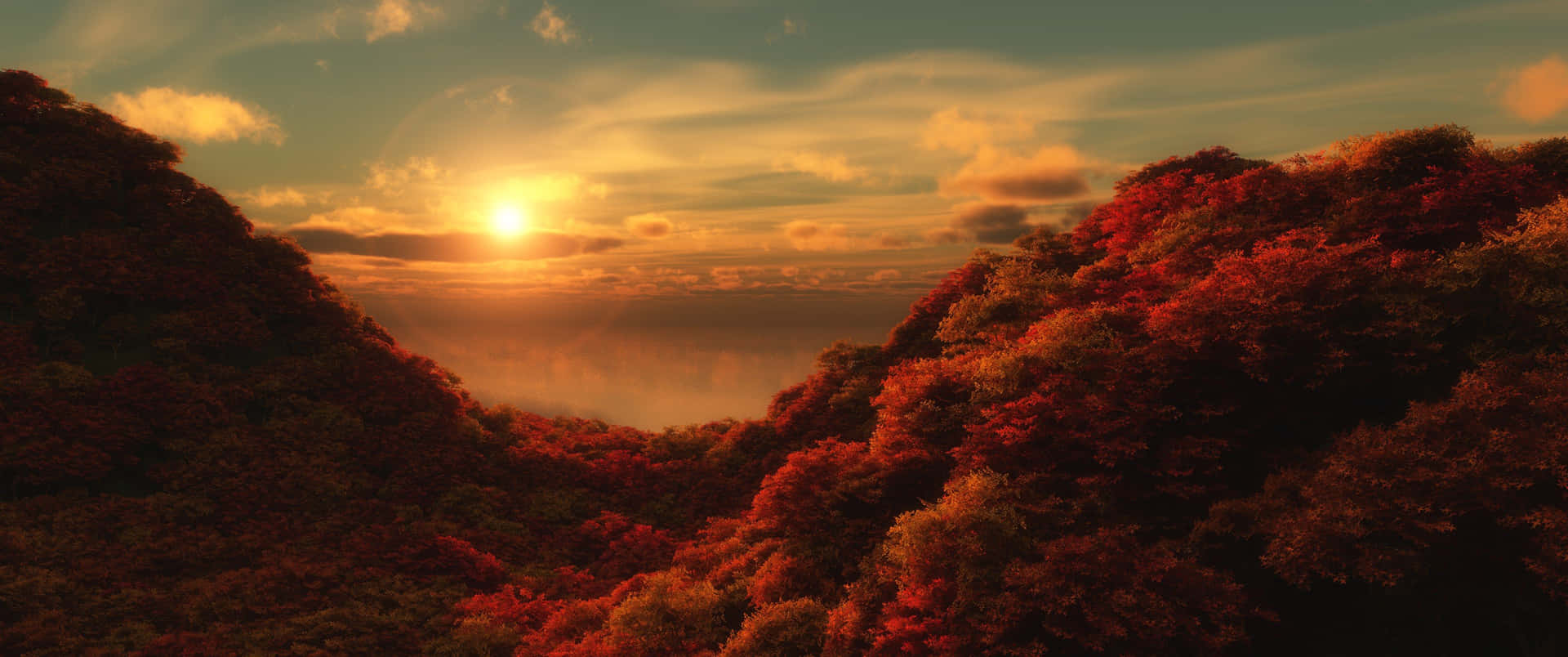 3440x1440 Fall Season Mountain With Sunset Background