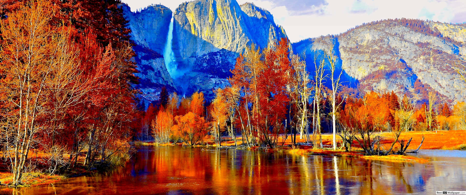 3440x1440 Fall Season With Lake And Mountain View Background