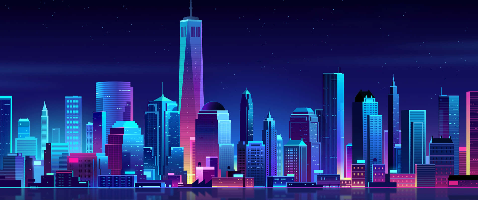 3440x1440 Neon Art City Buildings Background