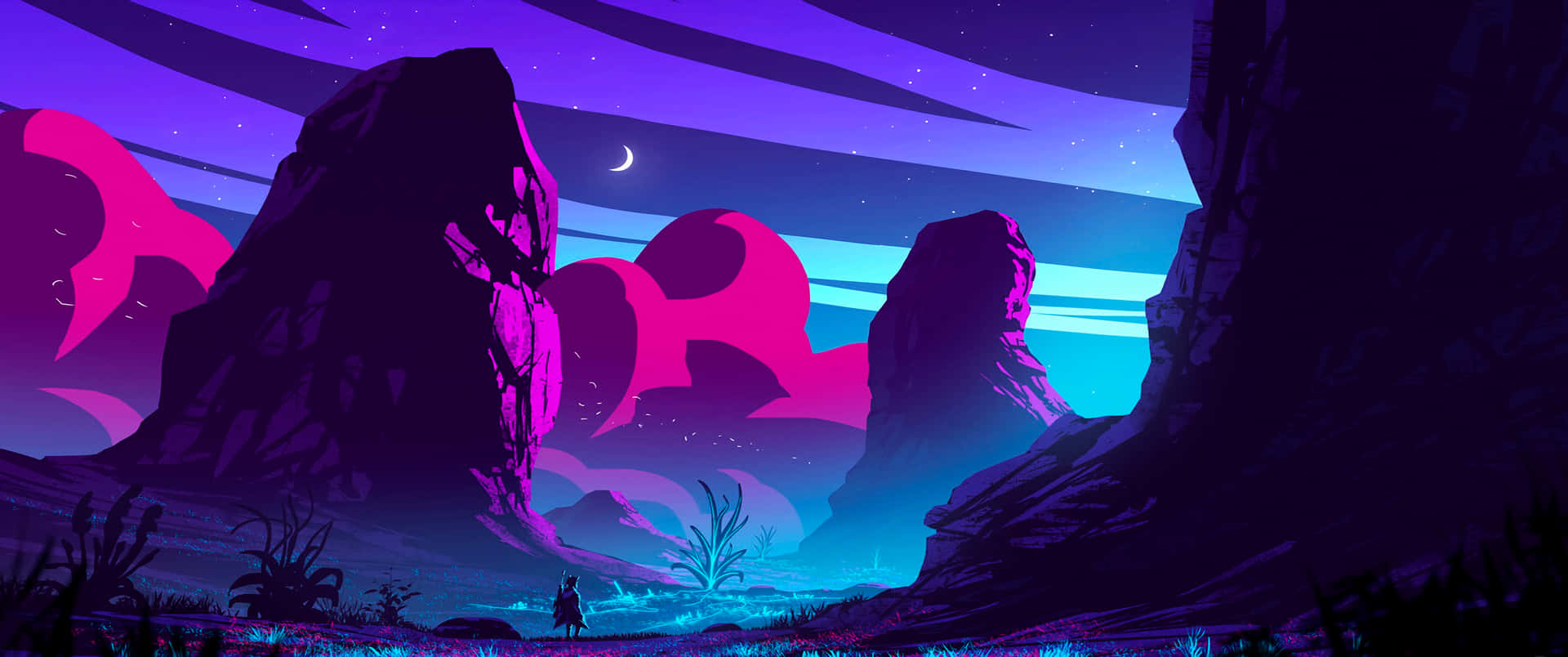 3440x1440 Neon Art Nature Mountain Rocks Background