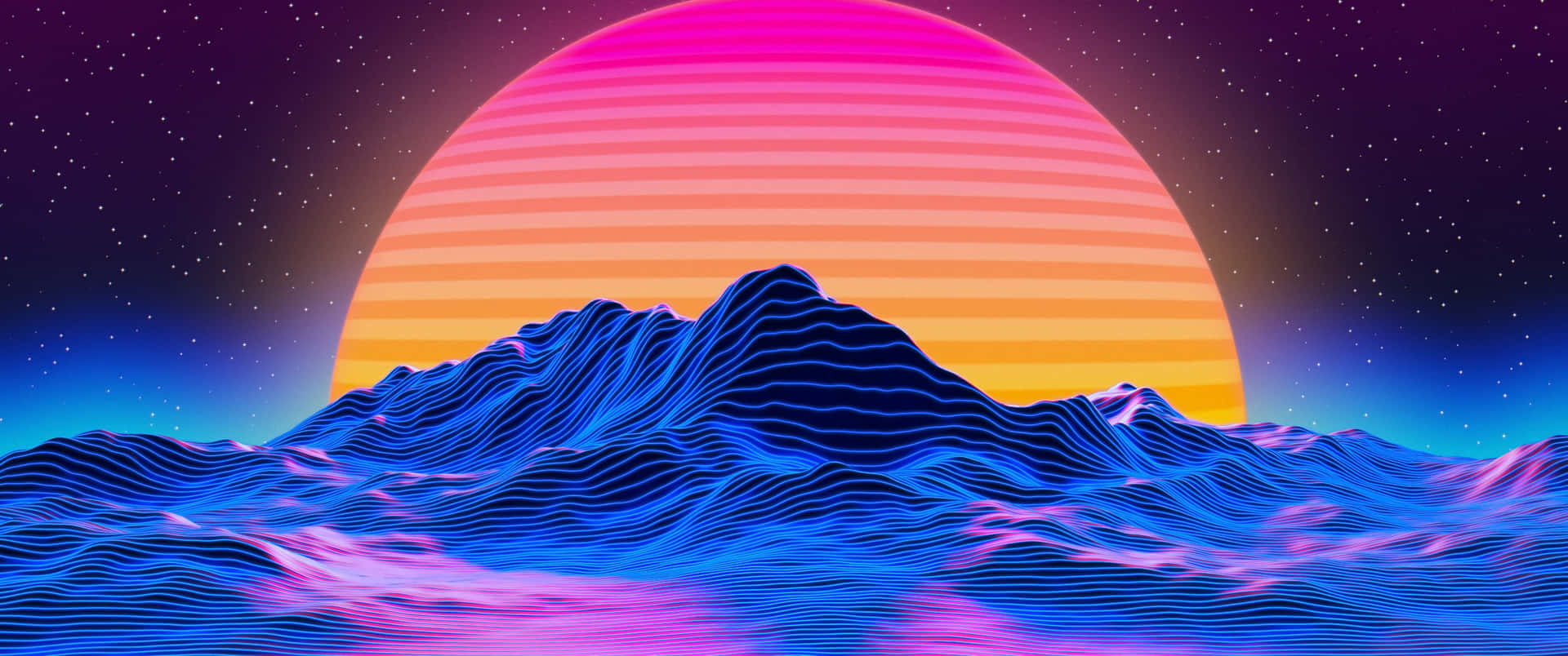 3440x1440 Neon Big Sun Against The Mountain Background