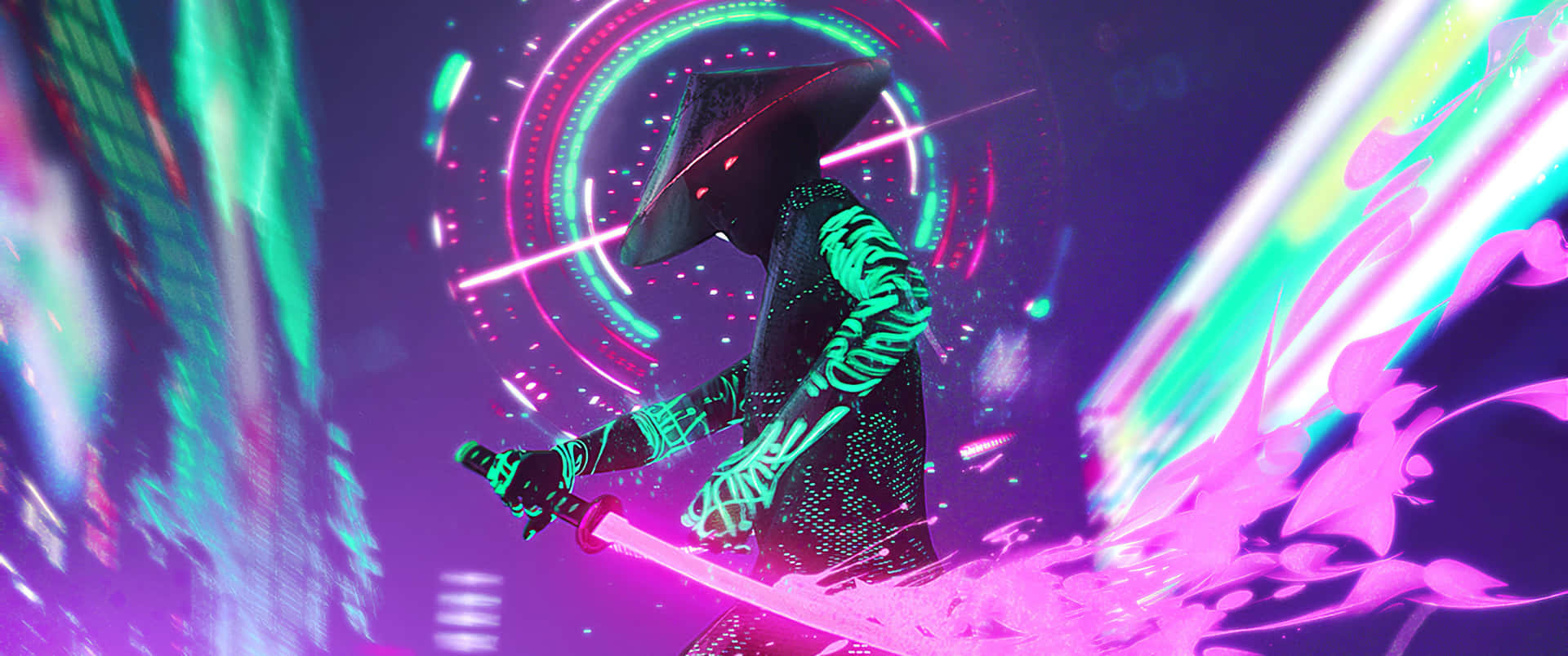 3440x1440 Neon Samurai Art Background