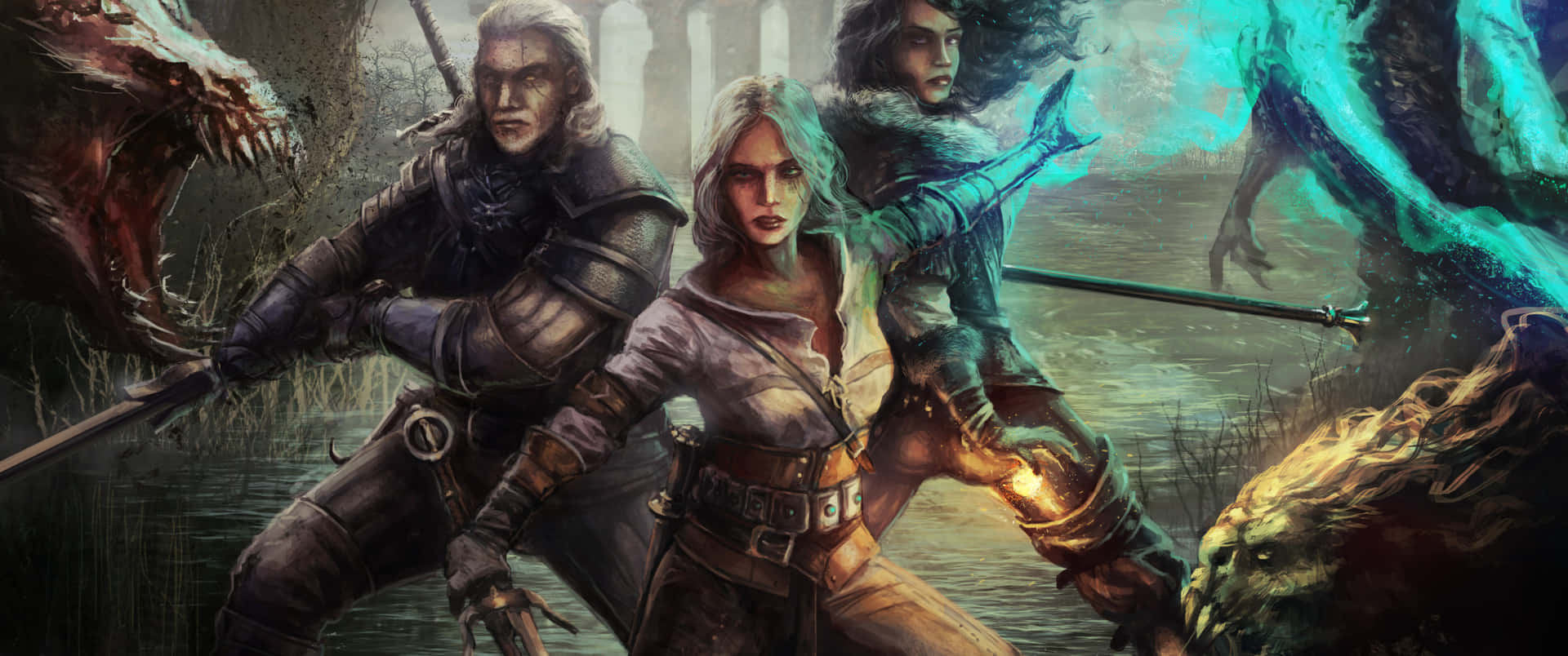 3440x1440 Witcher Characters Fighting Monsters