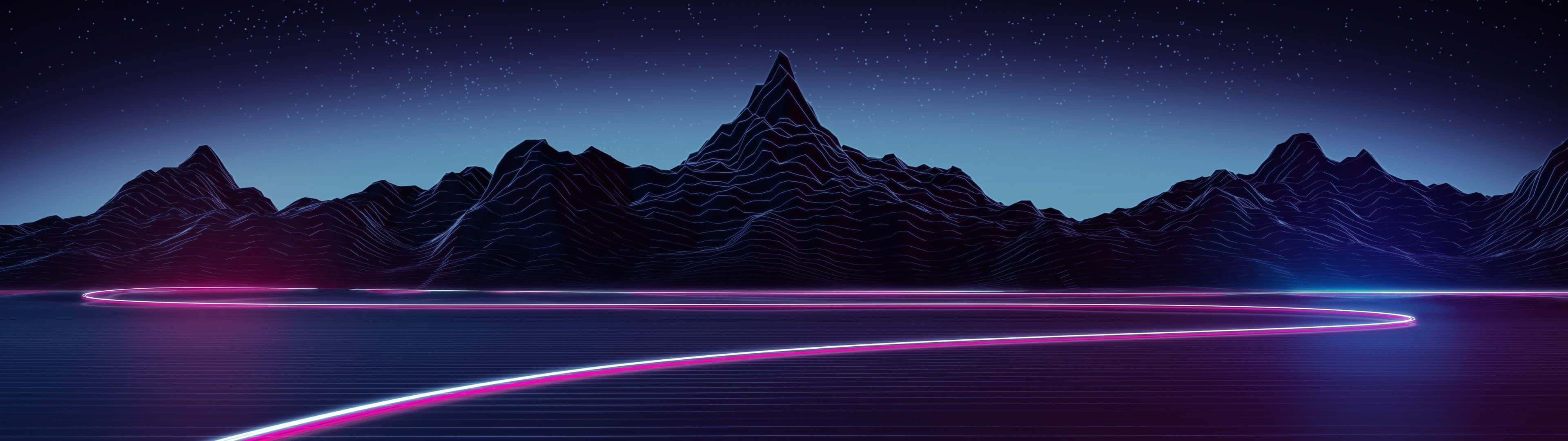 3840 X 1080 Gaming Cyberpunk Neon Mountain Background