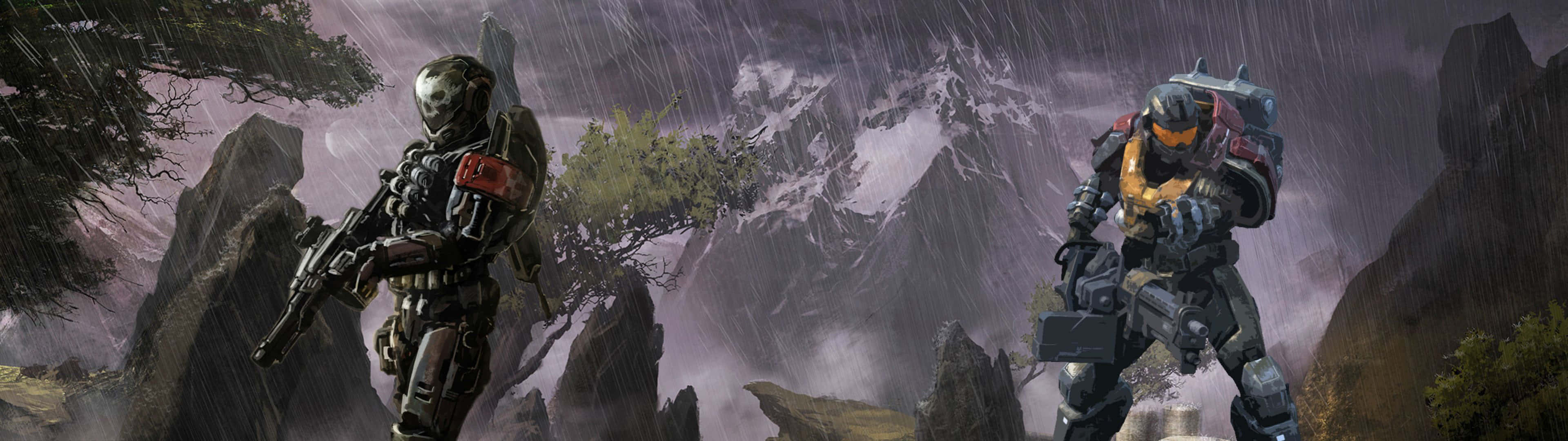 3840 X 1080 Gaming Halo Under Rain Background