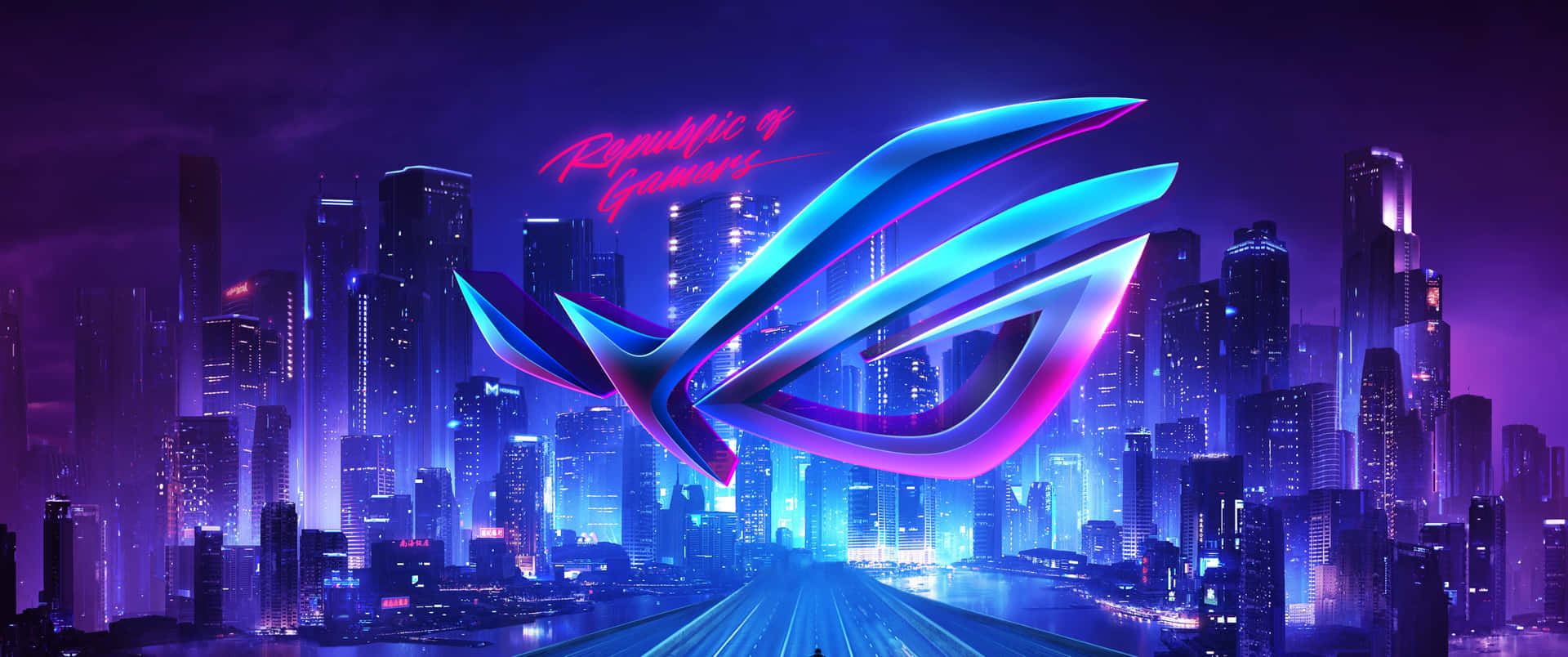 3840 X 1080 Gaming Rog Logo Neon City Background