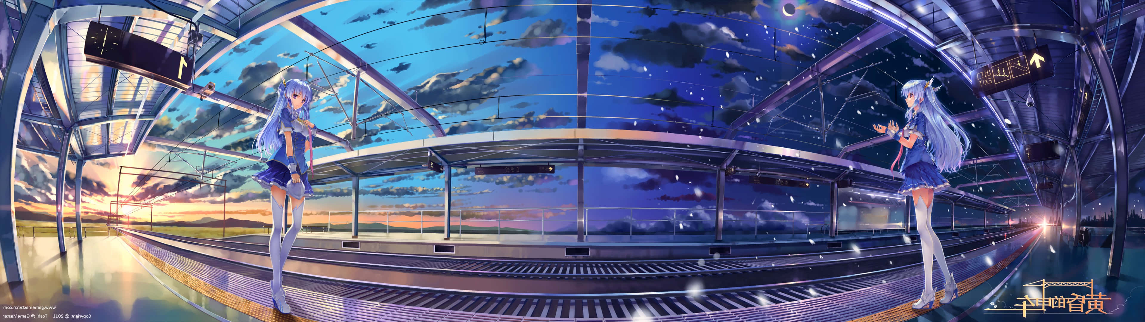 3840x1080 Anime Blue Hair Girl Panorama Background