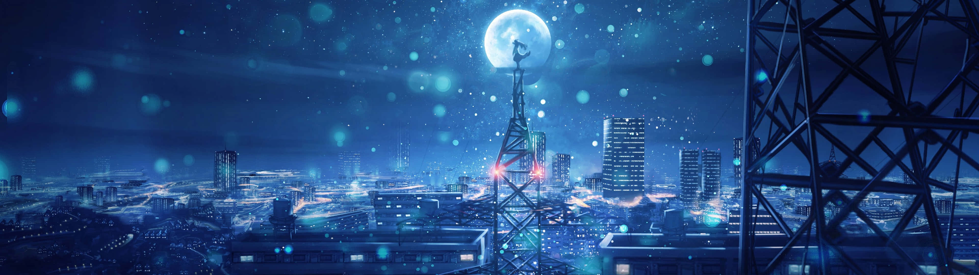 3840x1080 Anime City Falling Snow Background
