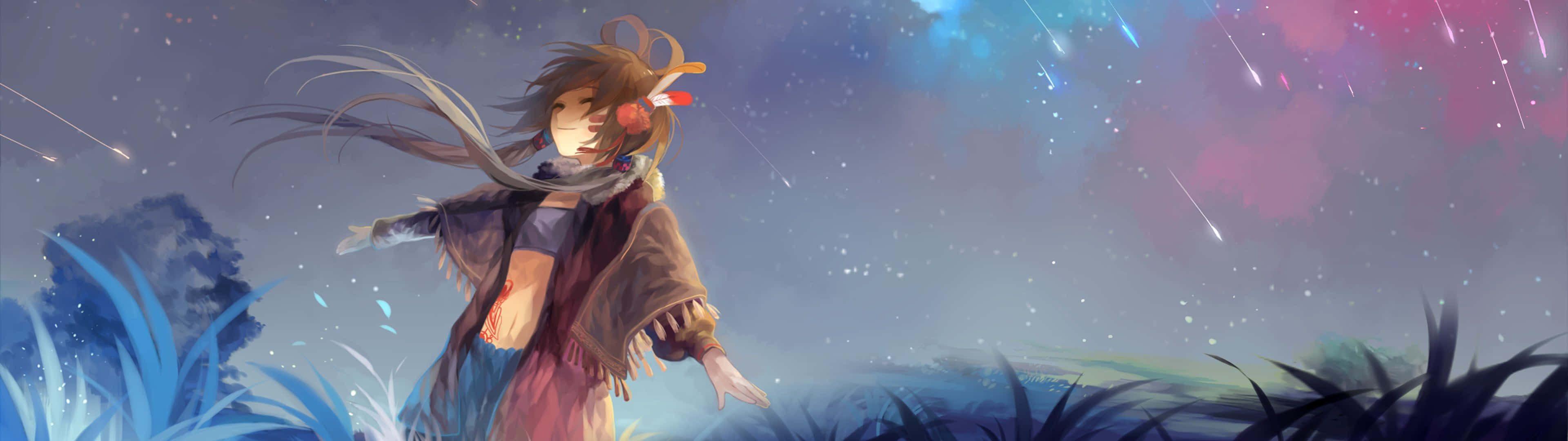 3840x1080 Anime Girl Meteors Falling Background