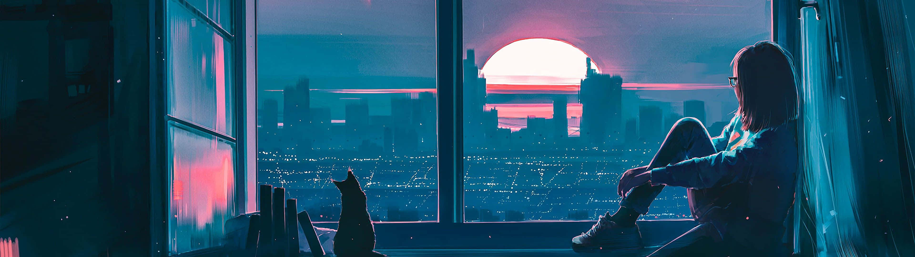 3840x1080 Anime Girl Watching Sunset Background