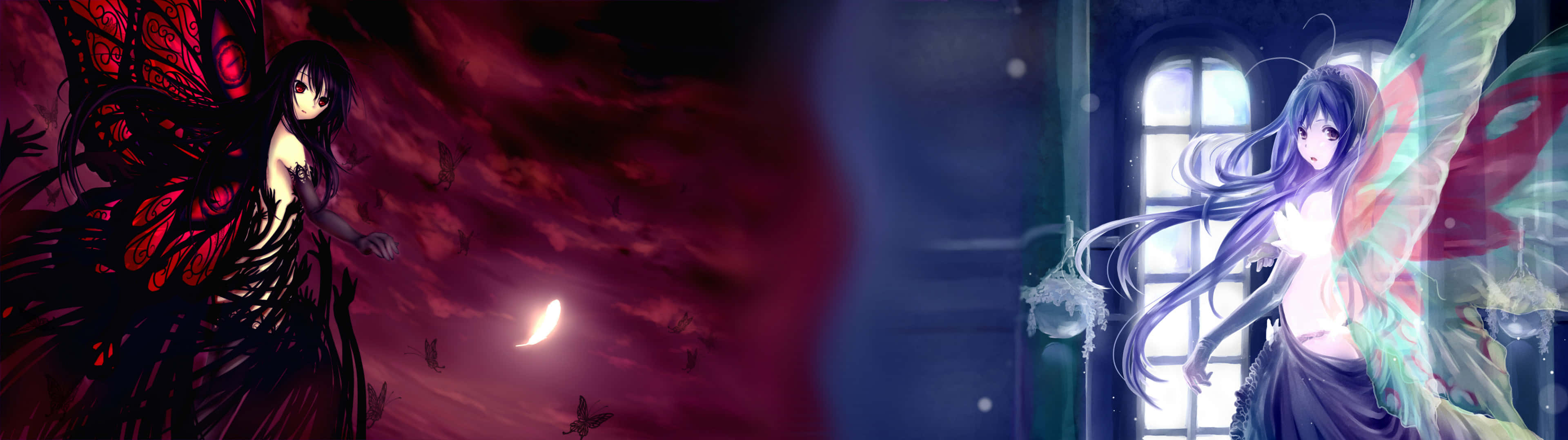 3840x1080 Anime Girls Black Green Wings Background