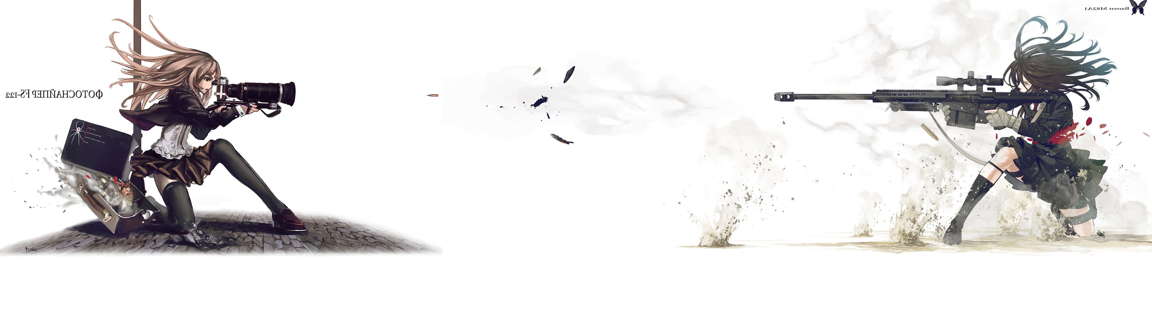 3840x1080 Anime Girls Holding Weapons Background