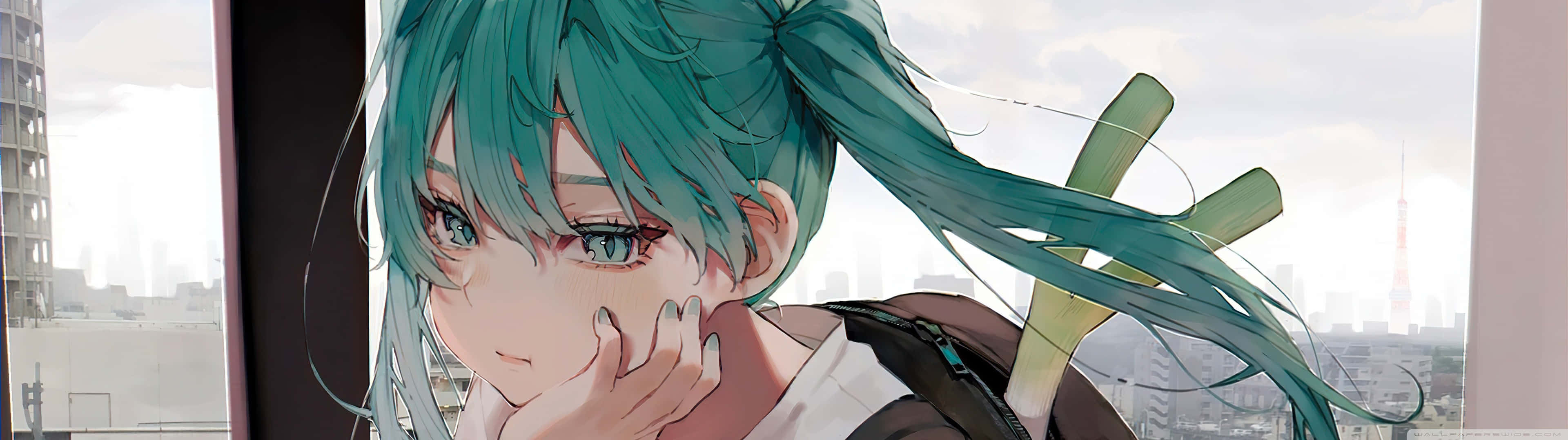 3840x1080 Anime Green Hair Hands On Face Background