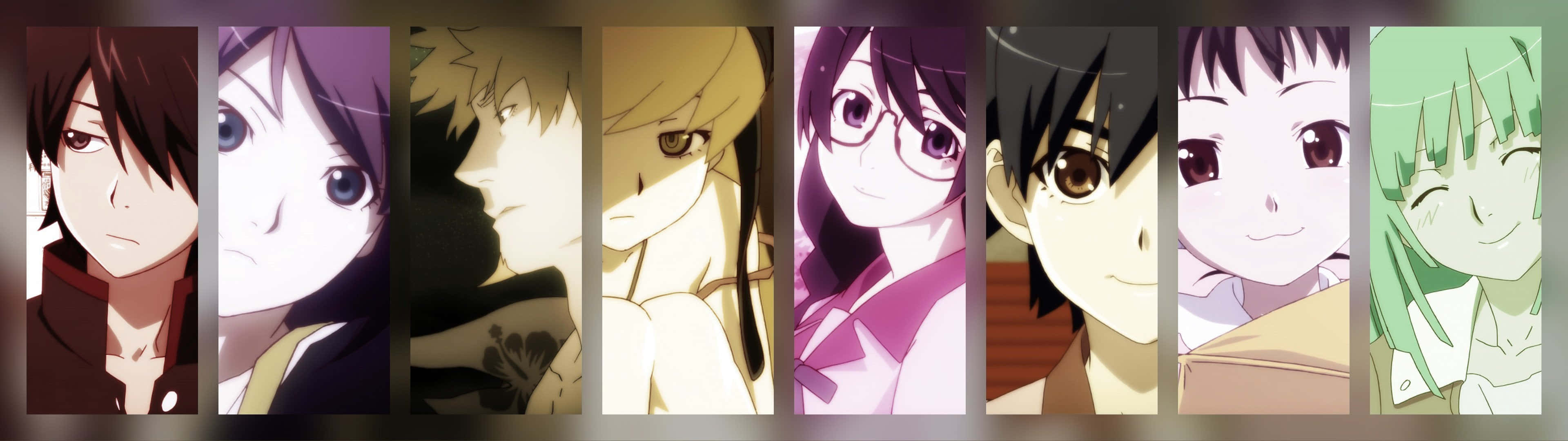 3840x1080 Anime Monogatari Series Characters Background