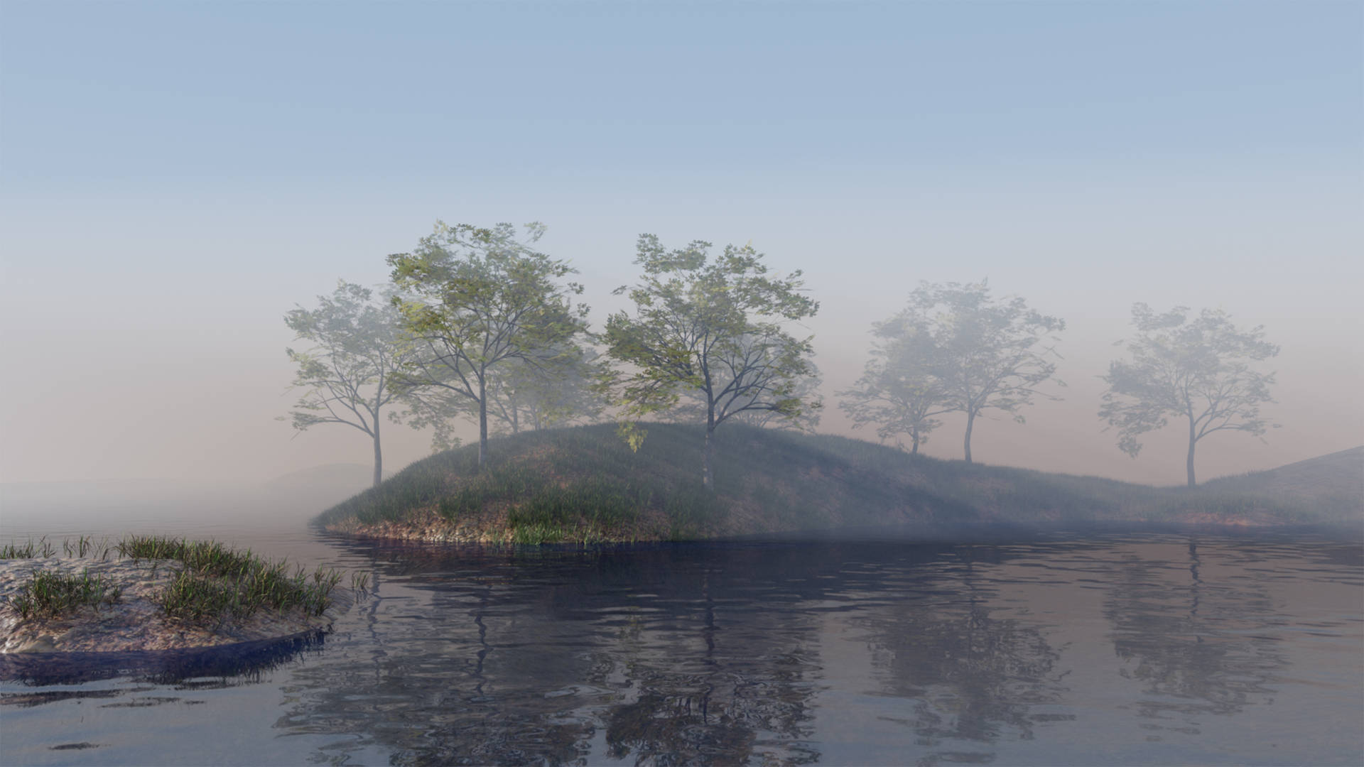 3d Desktop Lake And Misty Forest Background