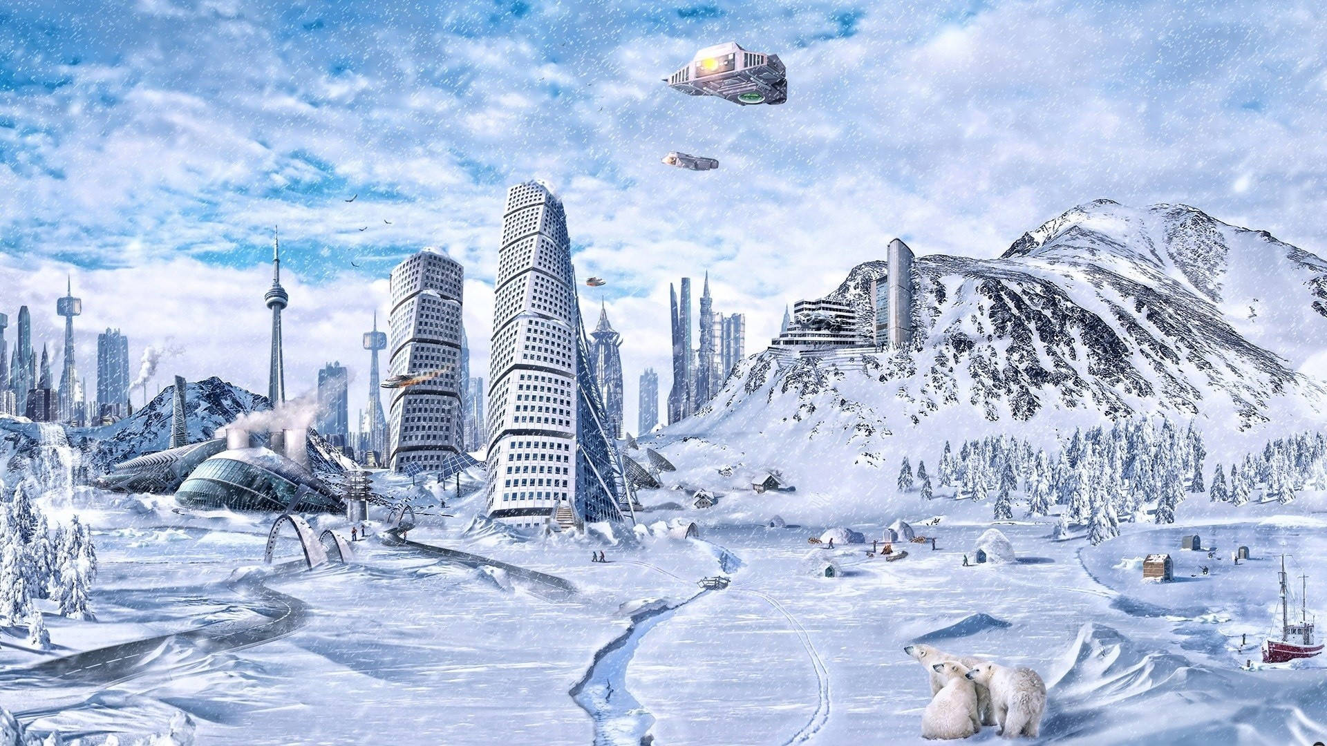 3d Desktop Snowy City Background