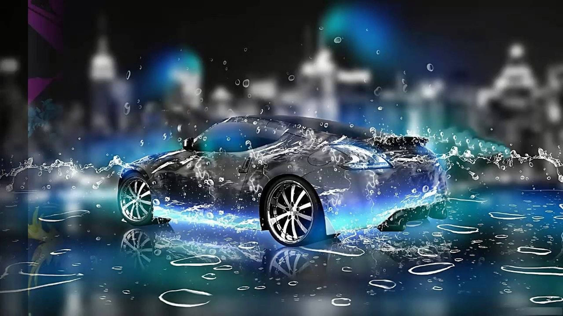 3d Hd Glowing Matchbox Car In The Rain Background