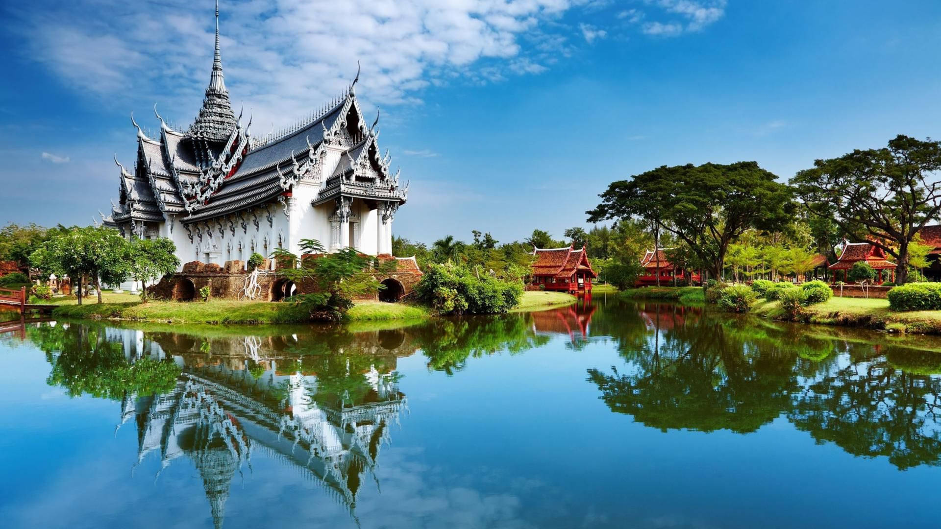 3d Hd Thailand Lakeside Temple Background
