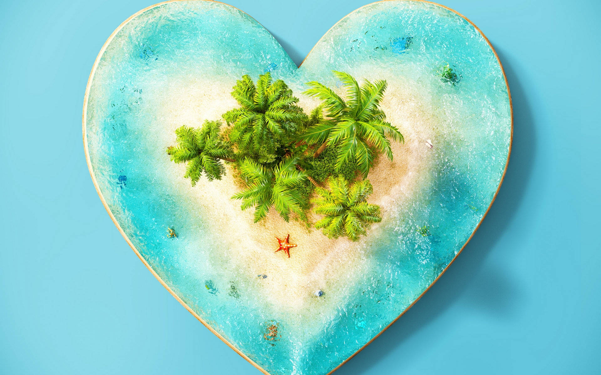 3d Heart-shaped Island With Coconut Trees Background