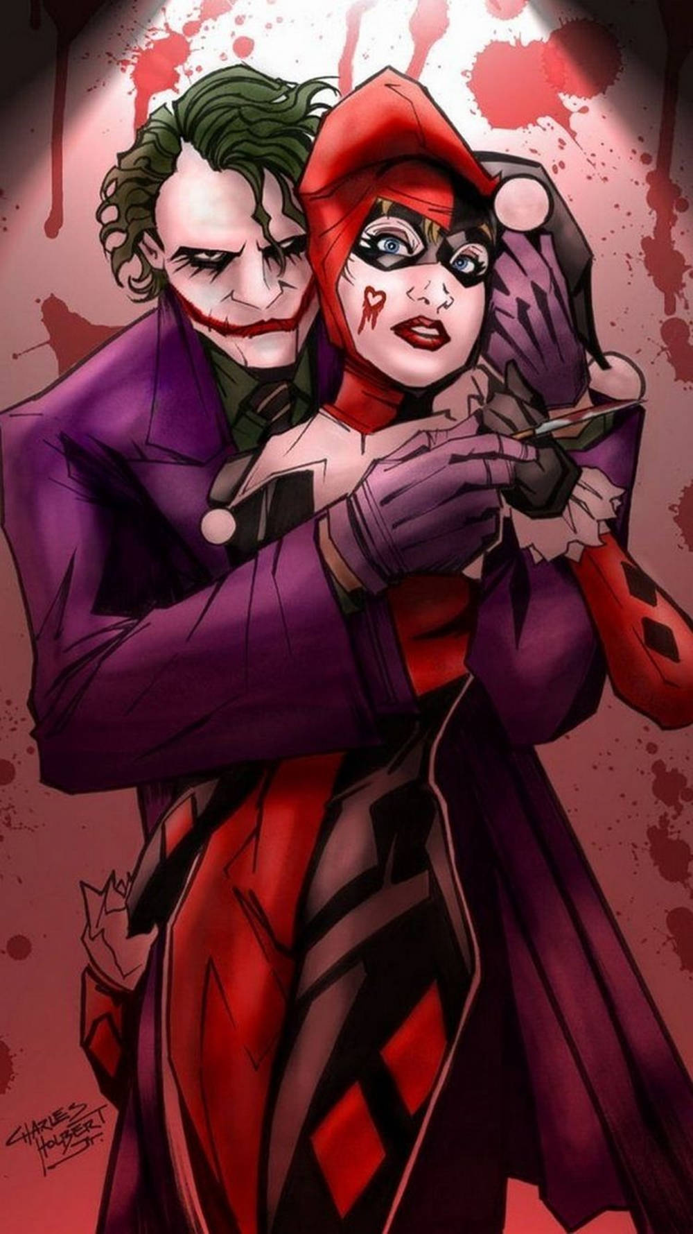 3d Joker Iphone Hugging Harley Quinn Background