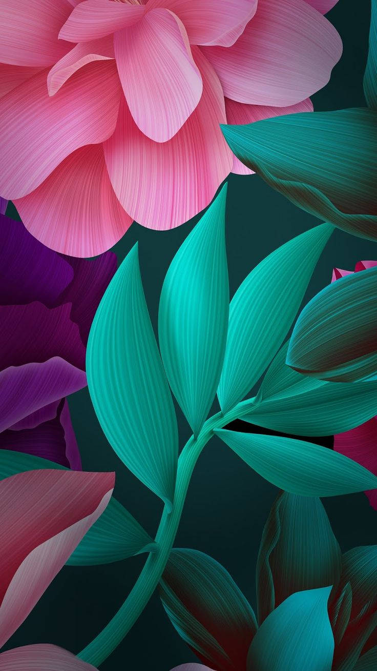 3d Phone Pink Petals And Green Leaves Background