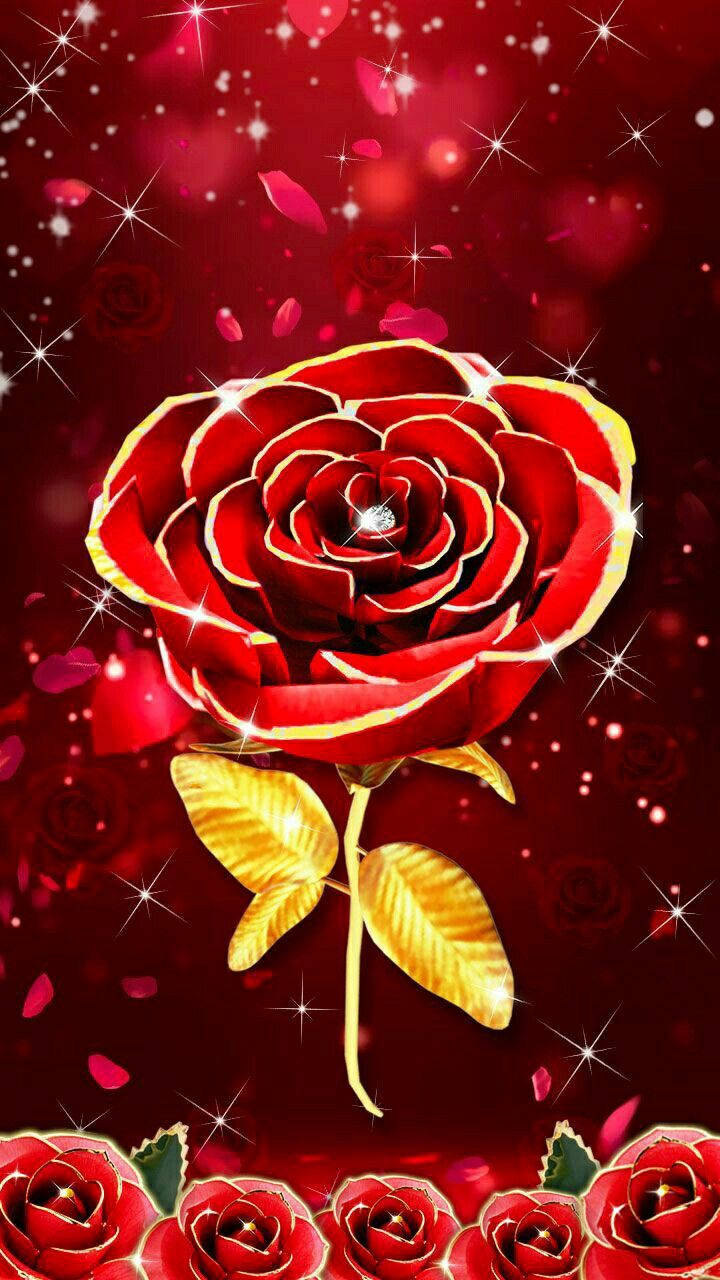 3d Phone Red Rose With Gold Accents Background