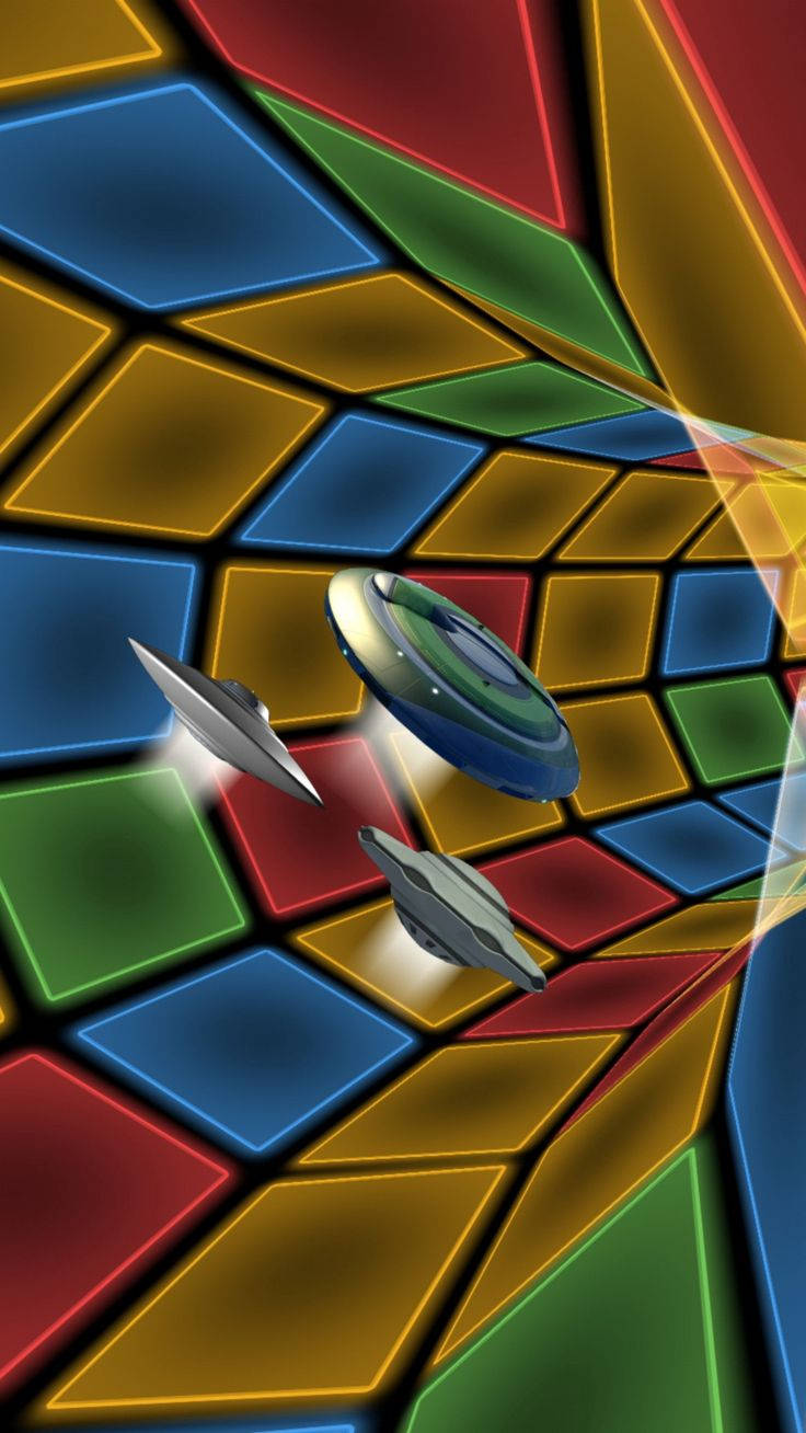 3d Phone Ufos In Colorful Tiles Tunnel Background