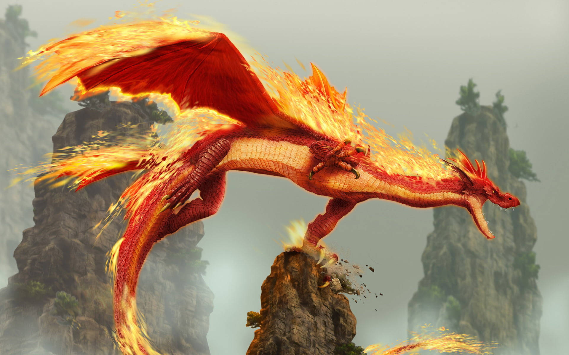 3d Photo Of A Red Burning Dragon Background