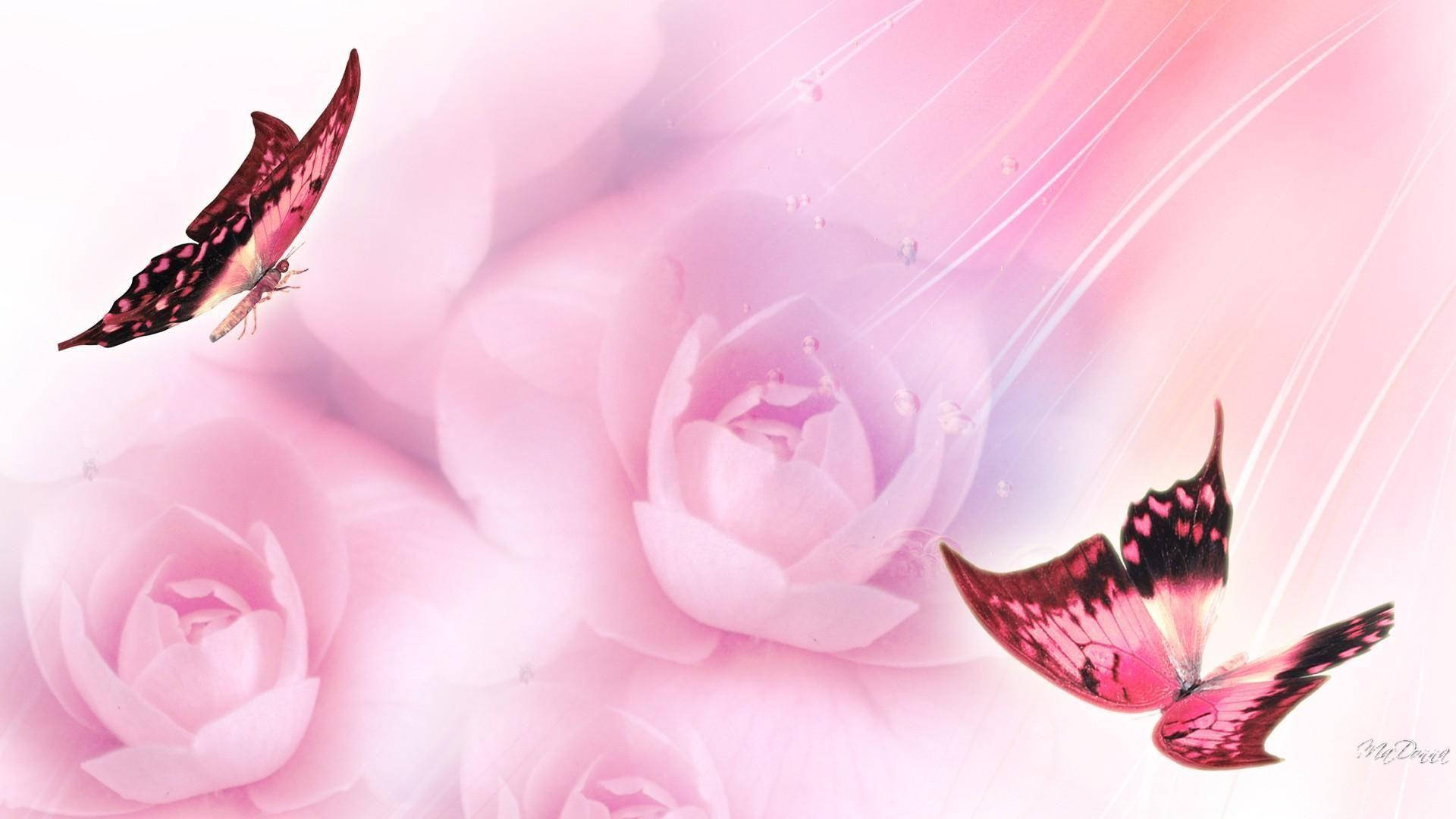 3d Pretty Pink Roses And Butterflies
