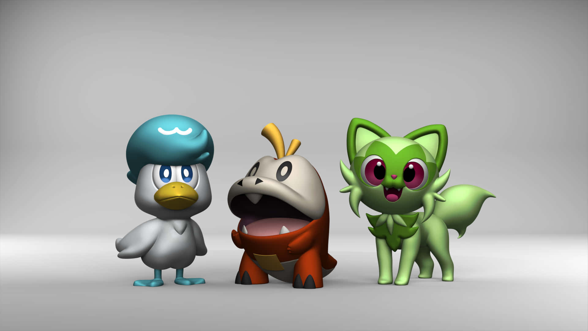 3d Quaxly, Fuecoco, And Sprigatito White Background Background