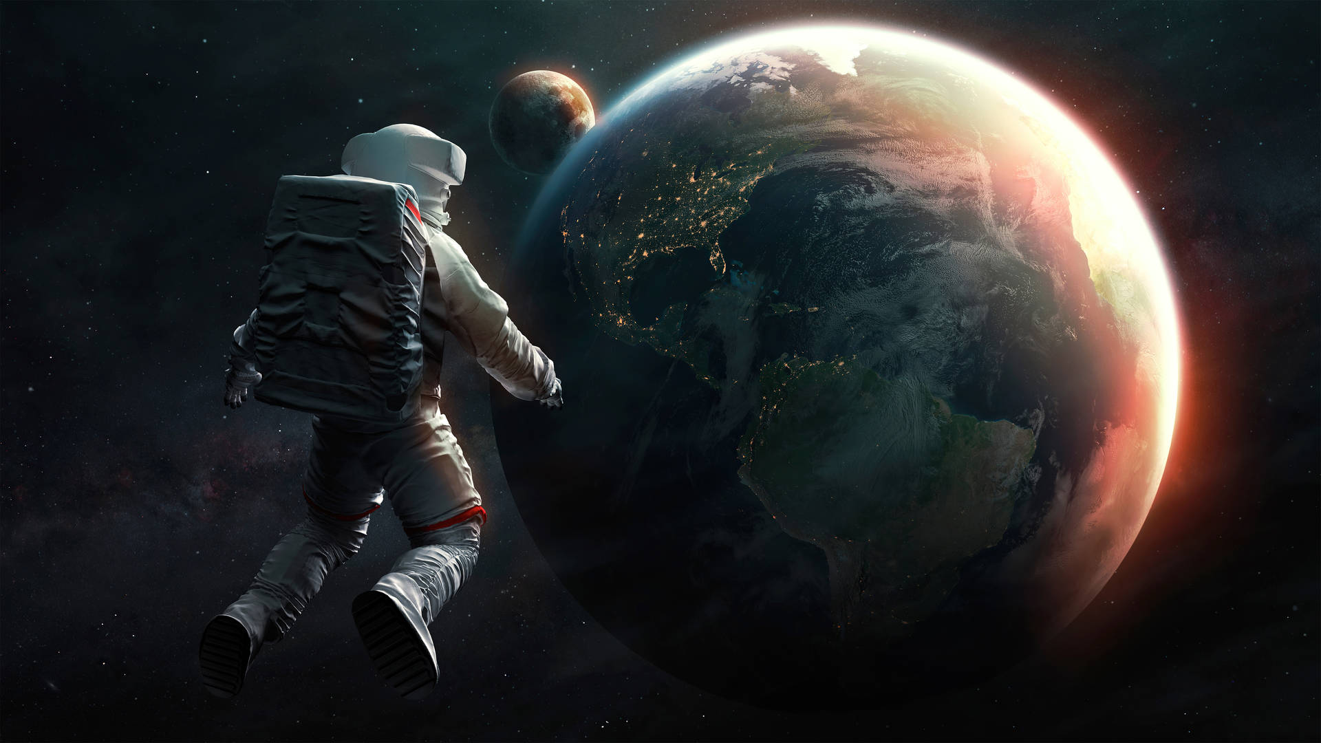 4k Astronaut With Planet Earth And Mars Background