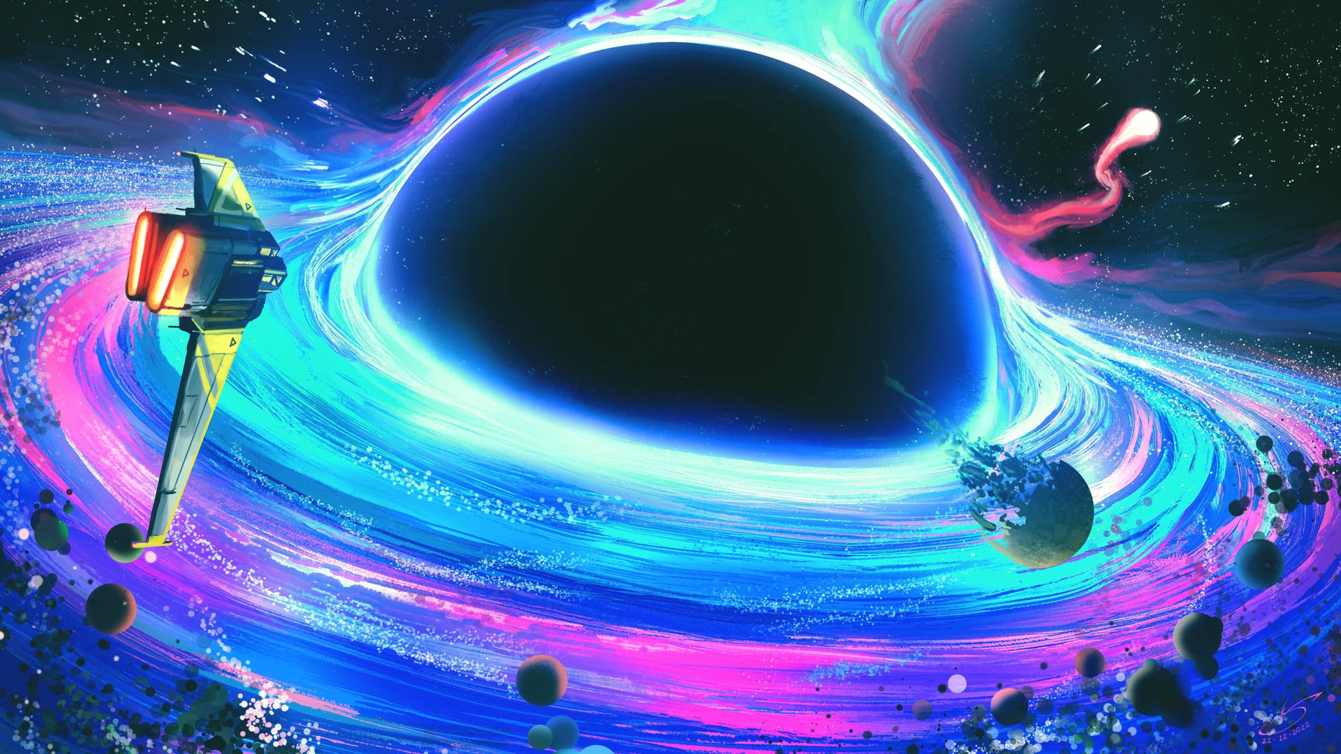 4k Black Hole Neon Spaceship Art Background