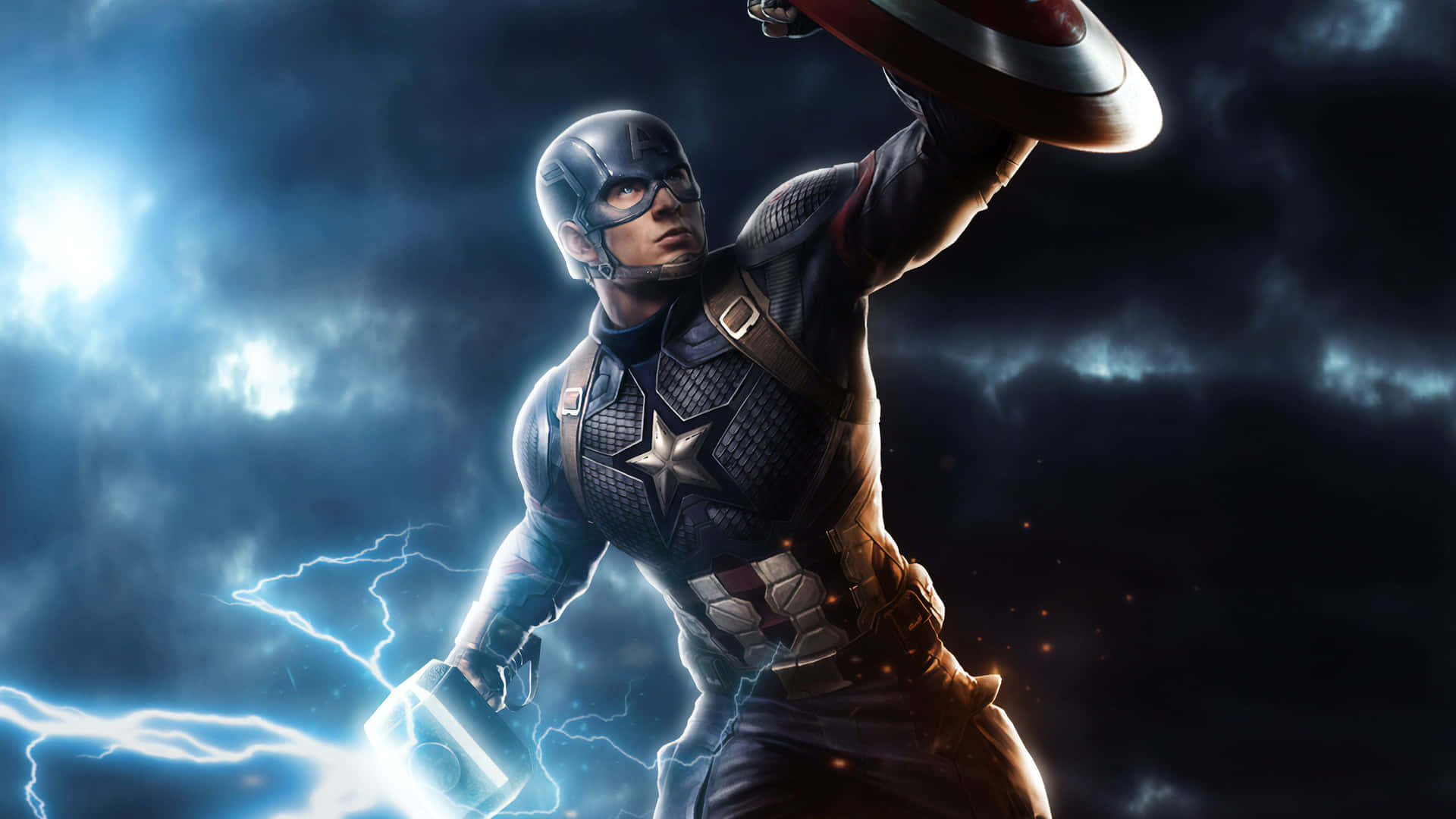 4k Captain America With Blue Lightning Hammer Background