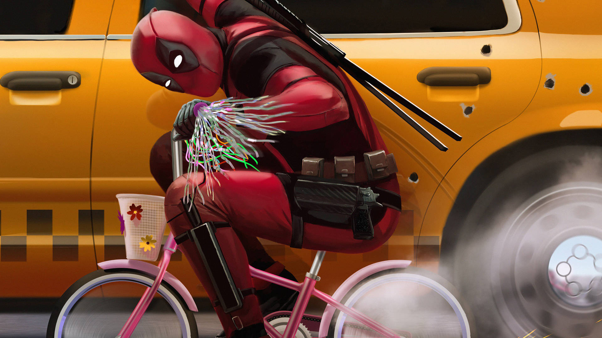 4k Deadpool粉红色自行车背景