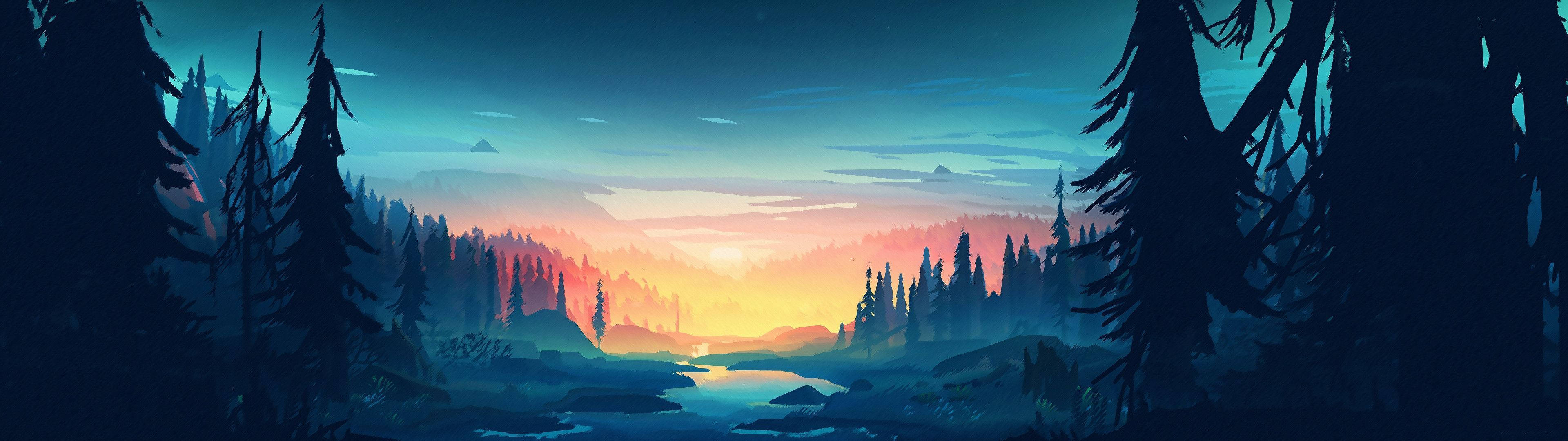 4k Dual Monitor Art Of Forest At Sunset Background