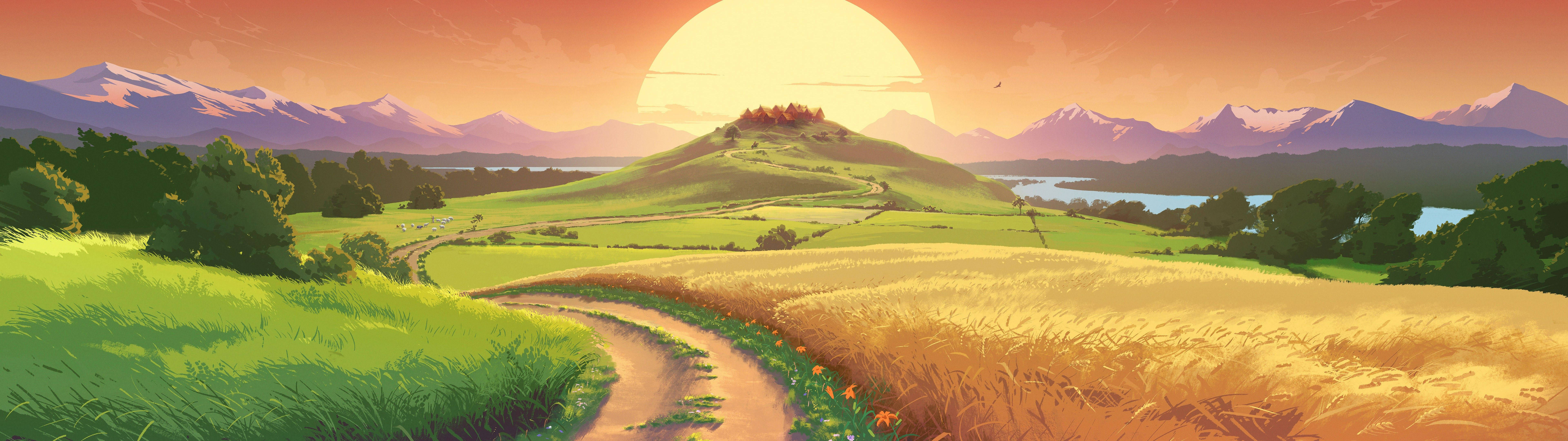 4k Dual Monitor Art Of Grassy Field At Sunset Background