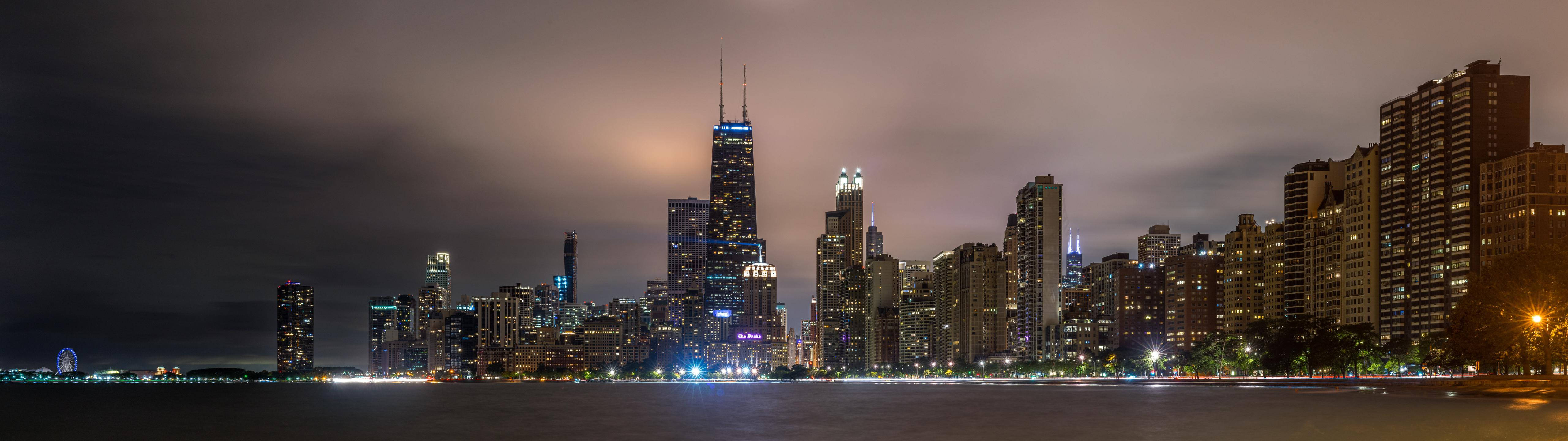 4k Dual Monitor Chicago Skyline At Night Background