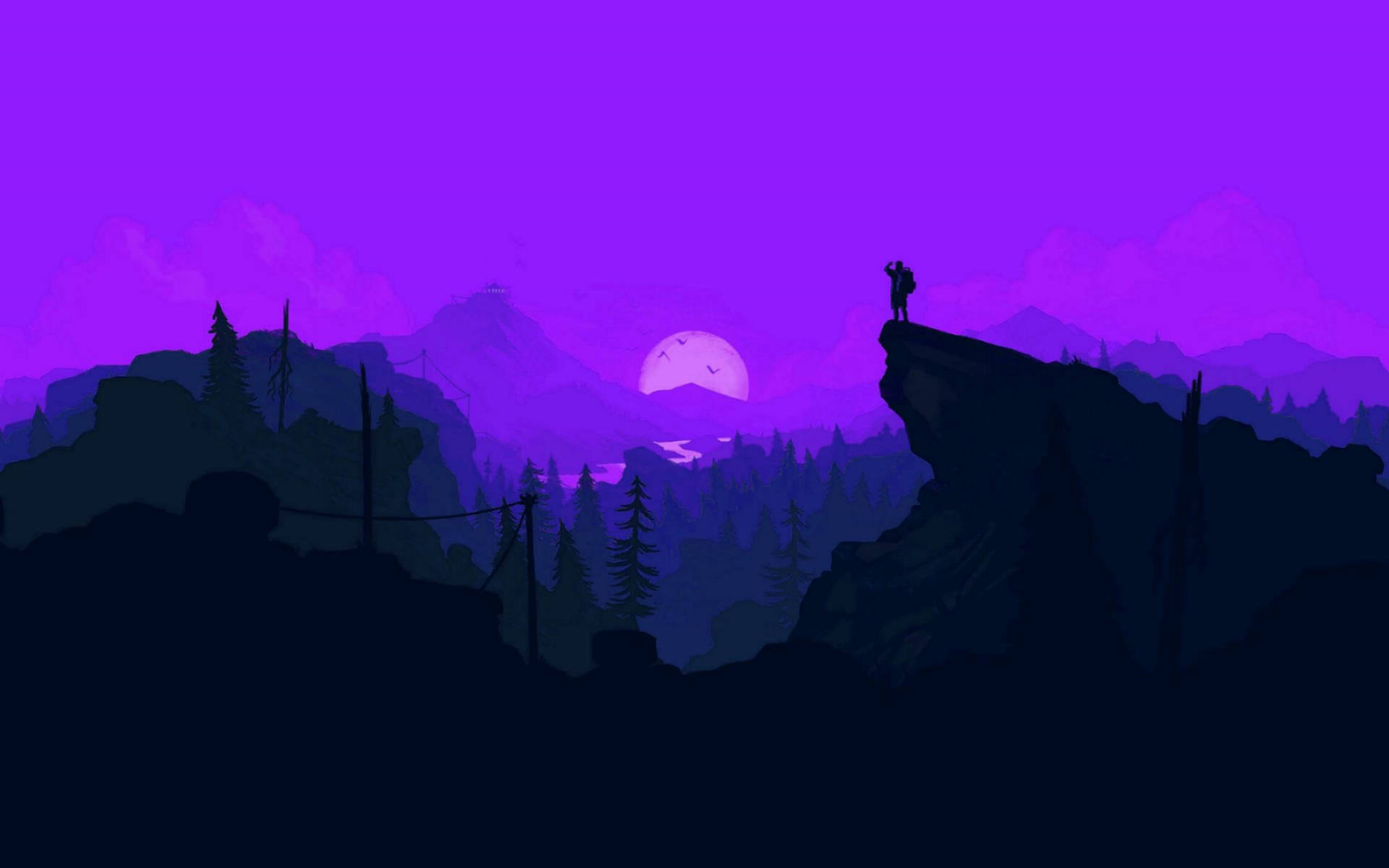 4k Firewatch Backpacker On Violet Mountains Background