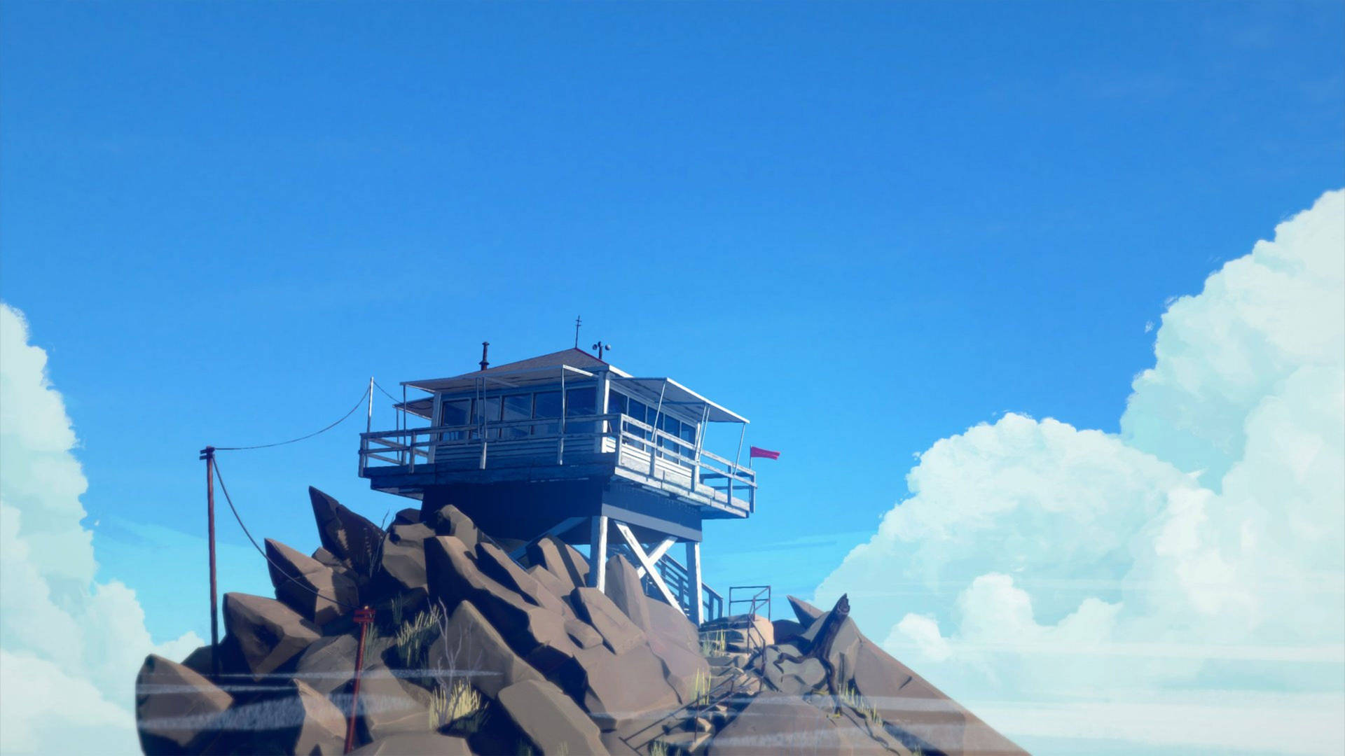 4k Firewatch Tower On Pointy Rocks Background