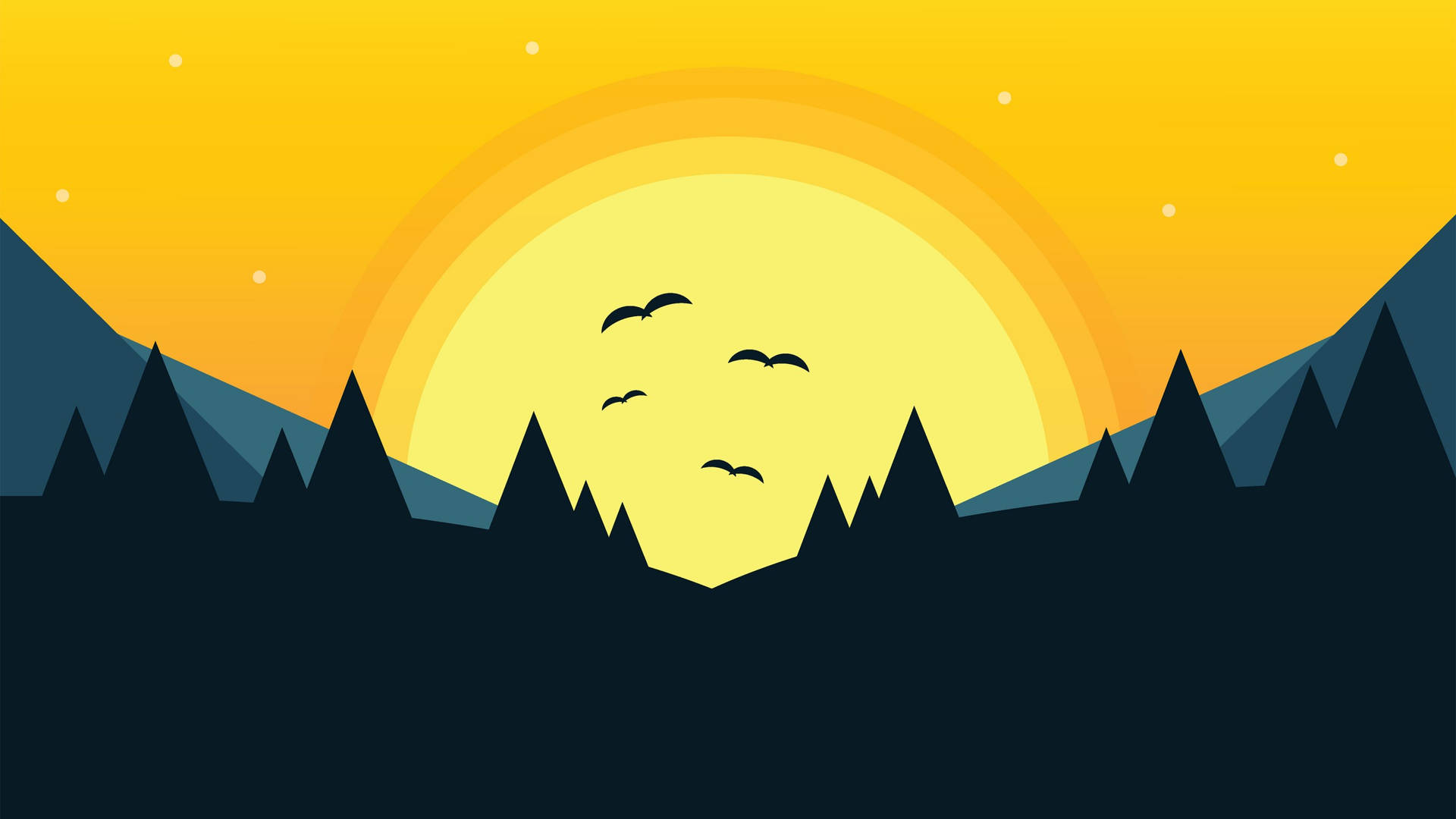 4k Flat Illustration Art Yellow Bright Sun And Orange Sky