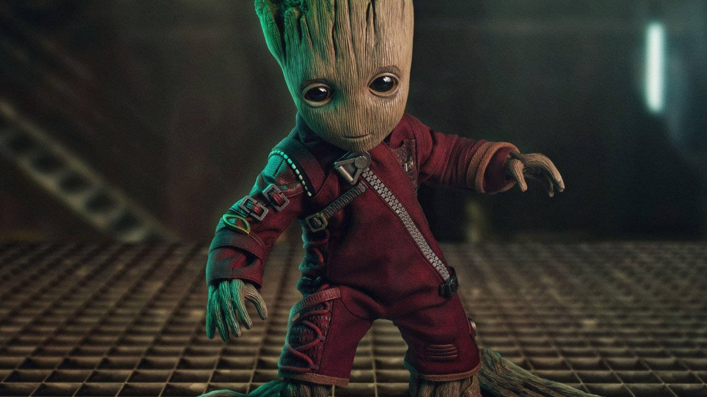 4k Guardians Of The Galaxy With Baby Groot In Red Suit Background