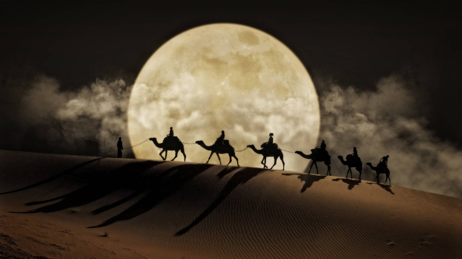 4k Laptop Silhouettes Desert Moon Background