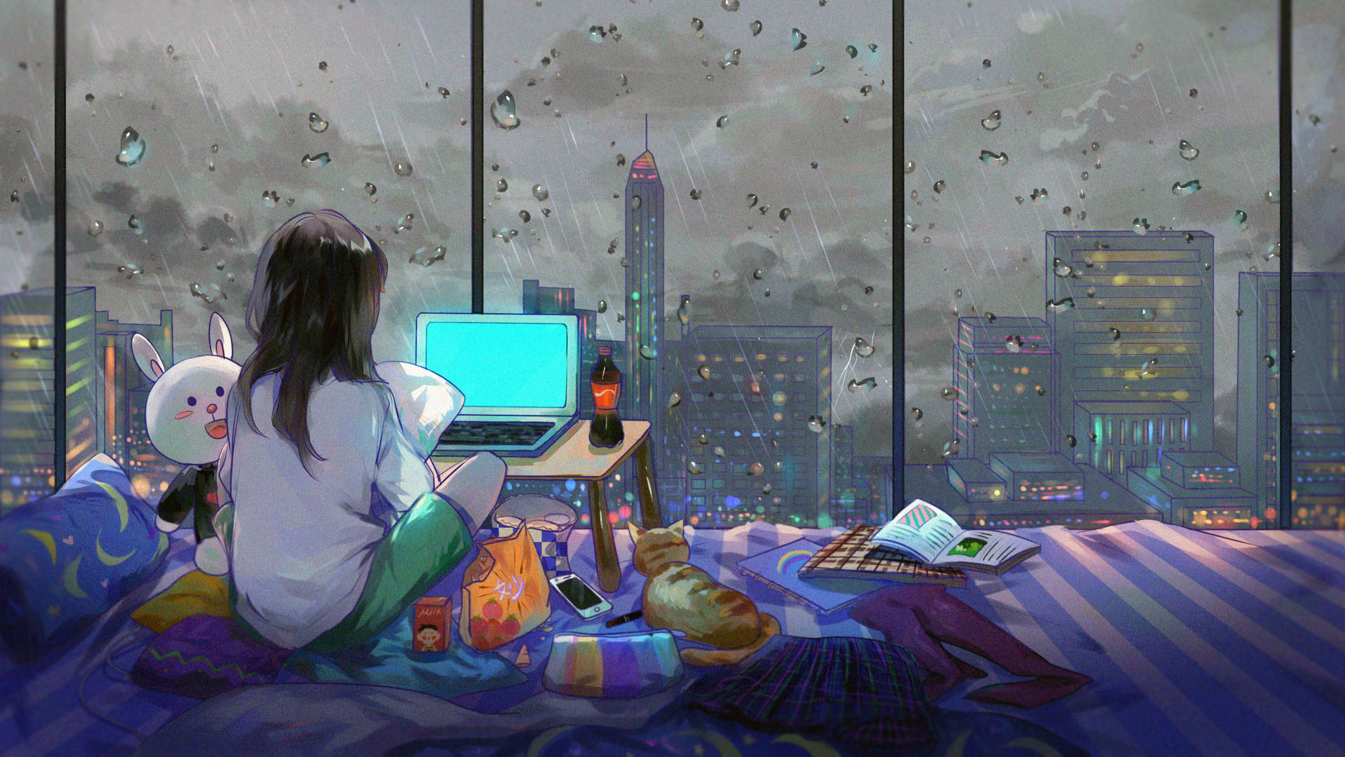 4k Laptop Stormy Night On Bed Background