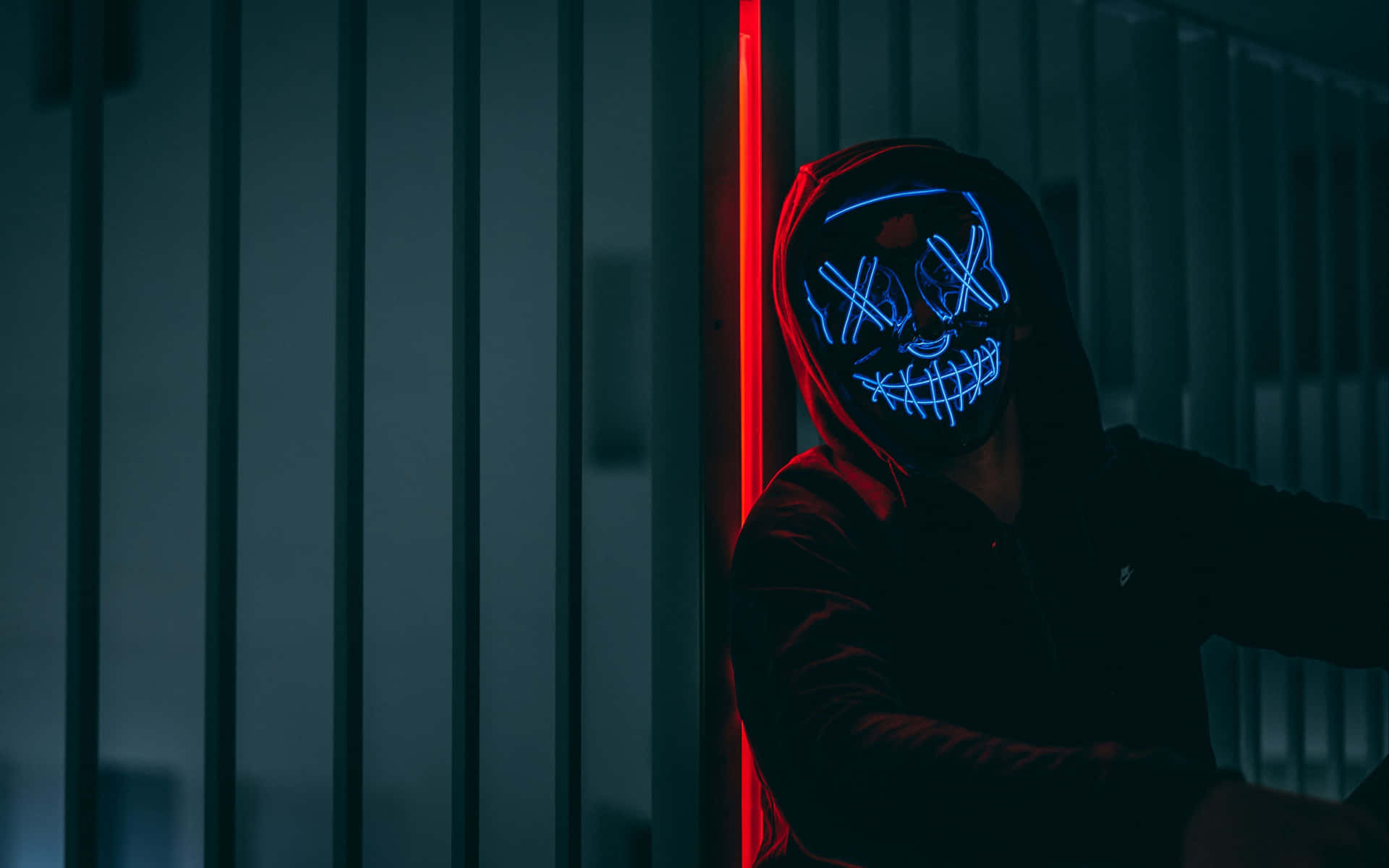 4k Mask Anonymous Blue Neon Lights On Hood Background