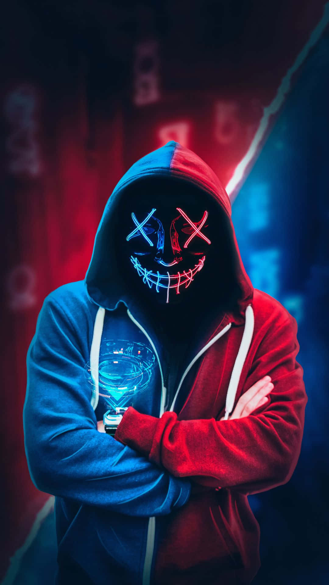 4k Mask Blue & Red Neon Hacker Boy Background