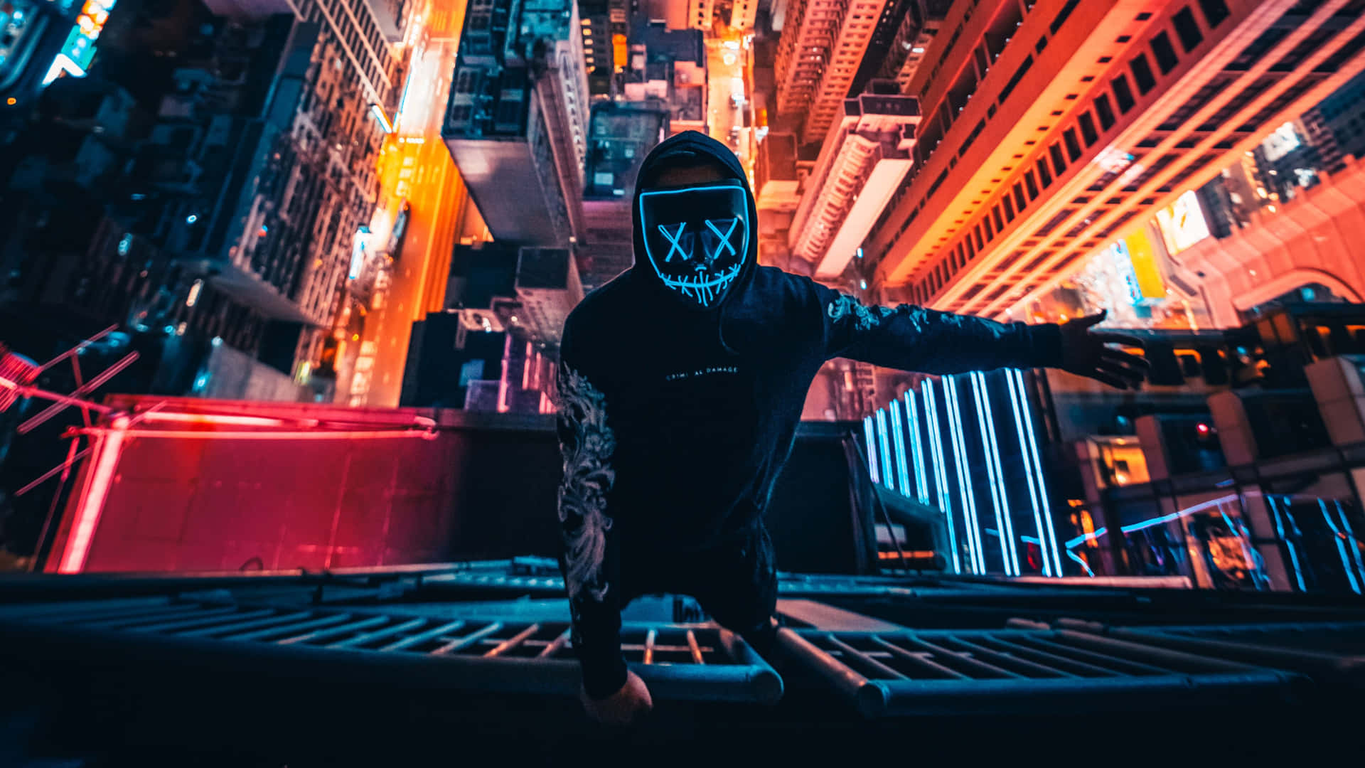 4k Mask Neon Mask Man Building View Background